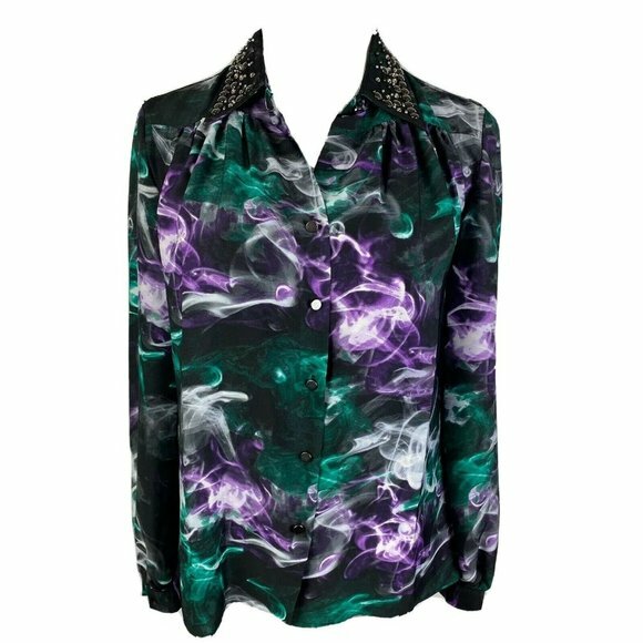 Ellen Tracy Women's XS Studded Collar Abstract Print Button Shirt in Green & Purple