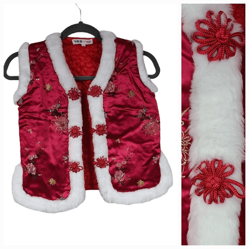 Kids Lunar Chinese New Year Red Vest White Fur Red Satin Brocade Boy Girl Unisex - Picture 8 of 8