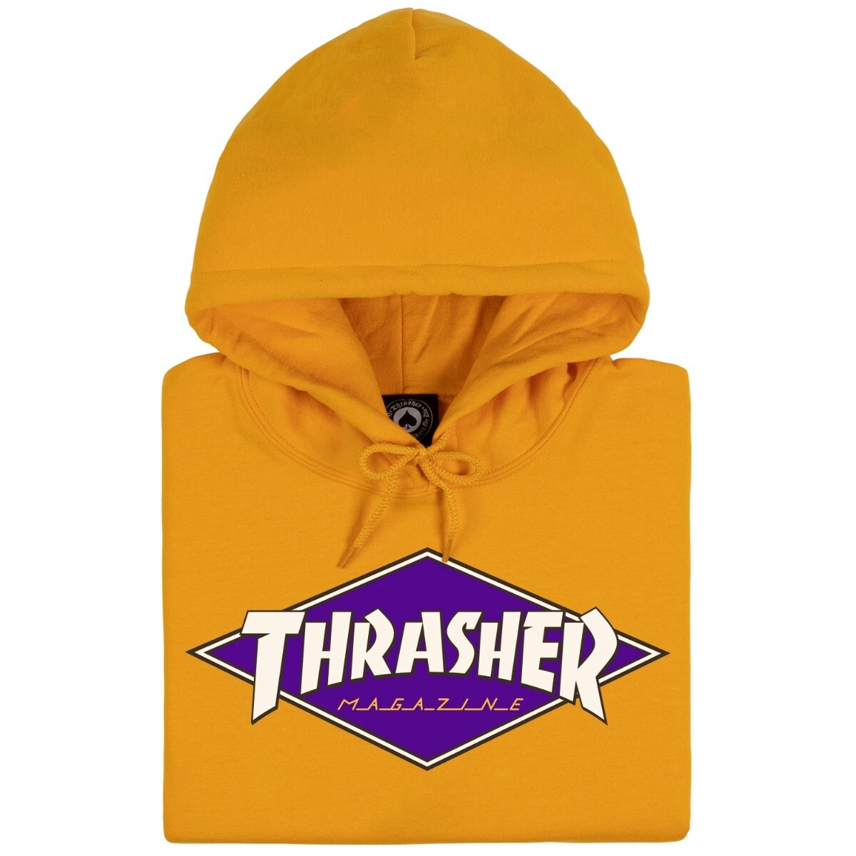 90's USA製 THRASHER フレイムロゴ スウェットパーカー イエロー Thrasher Magazine DIAMOND LOGO PULLOVER Skateboard Hoodie GOLD