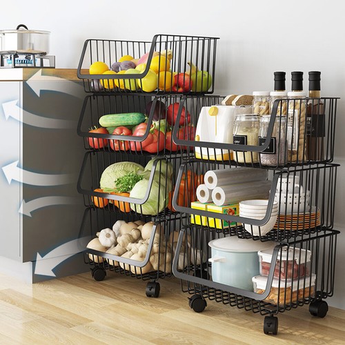 STORAGE STACKING WIRE BASKET STACKABLE SHELVES VEGETABLE FOOD KITCHEN RACK WHEEL - Picture 5 of 43