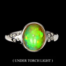 925 Sterling Silver Ring Oval Fire Opal 10x8mm White Topaz Gemstone Jewelry