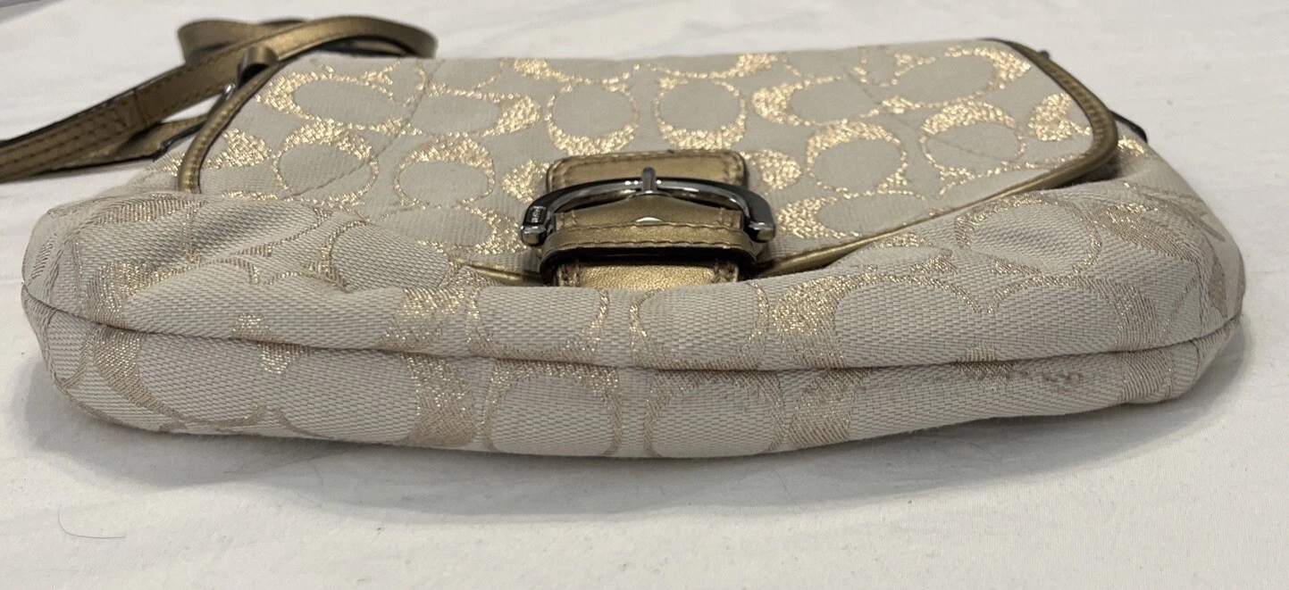 Borsa a tracolla Coach marrone e oro firmata jacquard fibbia patta