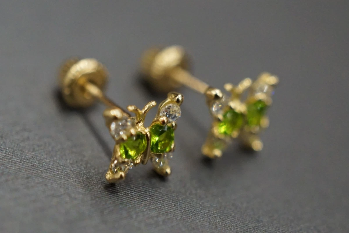 14K Solid Yellow Gold Green Peridot Birthstones Butterfly Screw