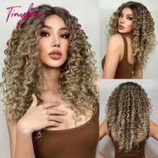 Long Curly Synthetic Lace Wigs Brown Blonde Highlight 13*1T-Middle Part Lace Wig