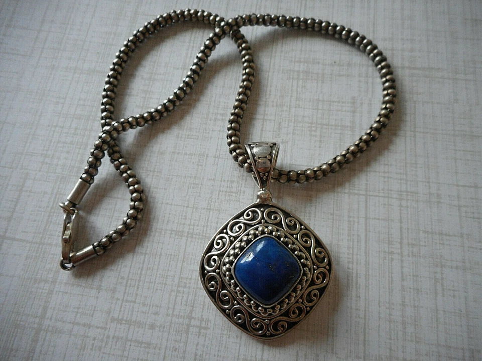 Oxidized Sterling Silver Heavy Popcorn Chain Lapis Lazuli Pendant Necklace RE31C - Image 2 of 4