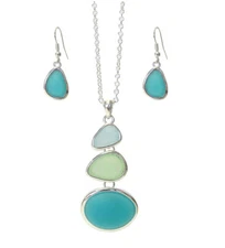 Multi Sea Glass Link Drop Pendant Necklace and Earrings Set