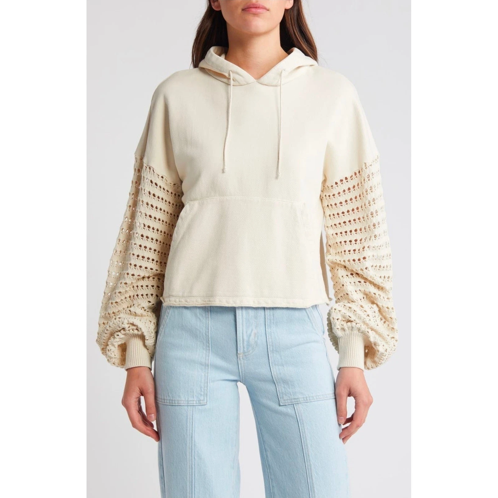 Rails Joyce Crochet Sleeve Hoodie Flax Beige 100% Cotton Raw Hem Pullover Medium