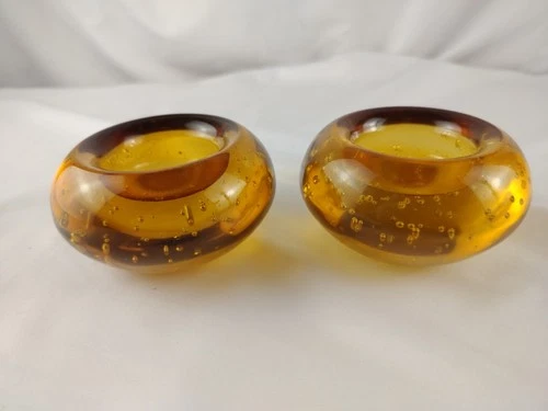 (2) 1950s Murano Bullicante Amber Tea light & Candlestick Holders