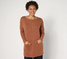 Denim & Co. Petite Heavenly Jersey Relaxed Fit Boatneck Tunic Top Caramel Brown