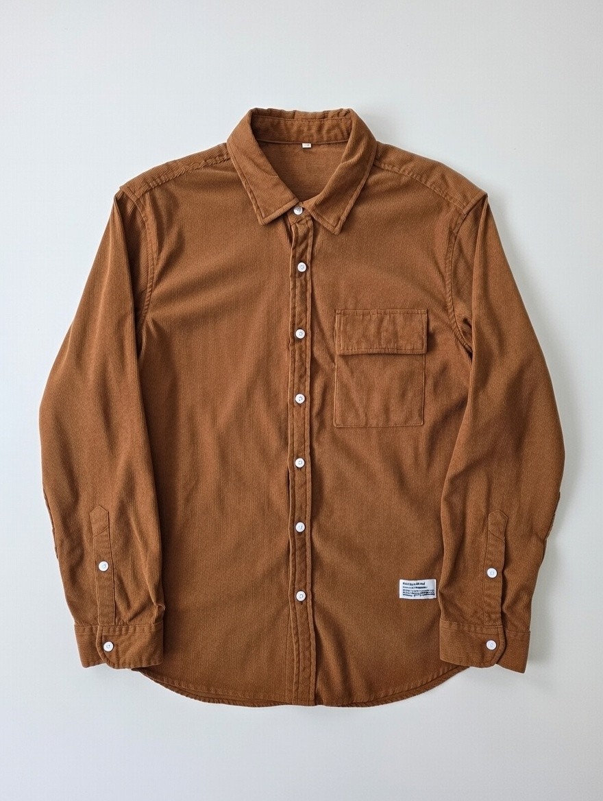 Men's Corduroy Button-Up Shirt Long Sleeve Brown Chest Pocket Size M Regular
