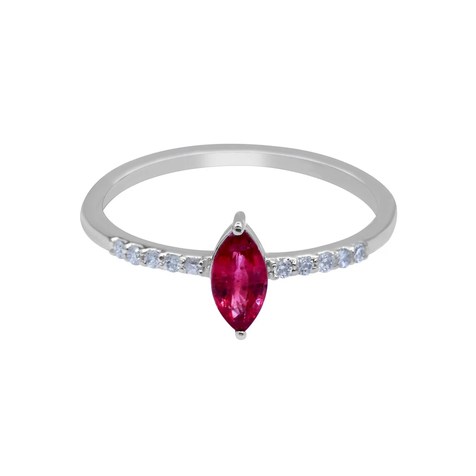 Natural Marquise Cut Solitaire Ruby & Diamond Engagement Ring Handmade Jewelry - Image 3 of 4