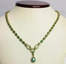 23CT Pear Cut Emerald Lab Created Tennis Necklace 14K Yellow Gold Plated 22"