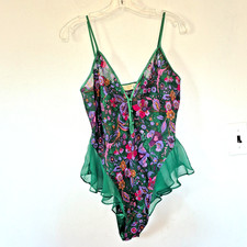 Vintage Victoria  s Secret Sz Small Gold Label Teddy Bodysuit Green Floral Ruffle