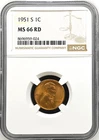 1951-S LINCOLN WHEAT CENT NGC MS66RD 959024