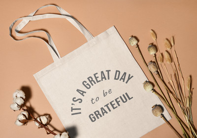 NEW It's a Great Day to be Grateful Tote Bag Reusable Canvas Beige Gray