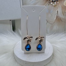 Golden Flower w/ blue faux crystal Dangle long Earrings