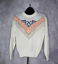 Vintage Kenneth Too Aztec Beaded Pullover Sweater Cream Ivory Made In USA