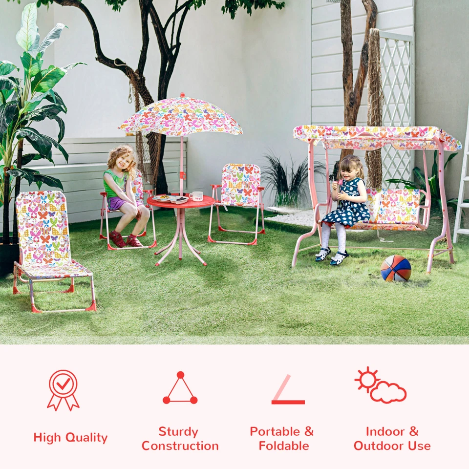 Kids Folding Picnic Table & Chair Set Metal Frame Multi Butterfly 50x50cm 3-5yrs - Image 4 of 4