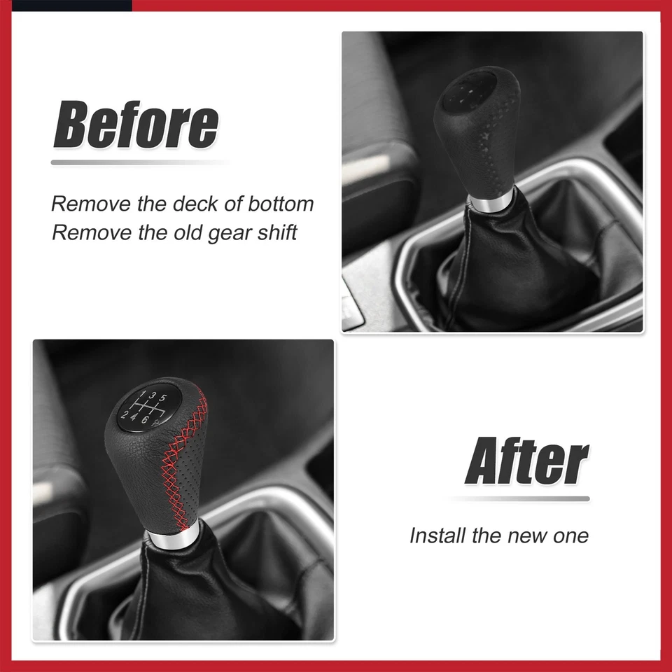 Perilla de cambio de marchas universal negra para automóvil de 6 velocidades de cuero PU con puntadas de orificio Foto 3 de 4