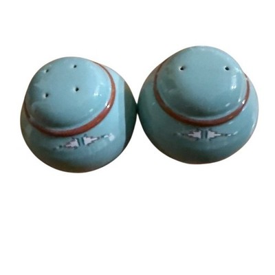 Noritake Boulder Ridge Salt & Pepper Shakers Set 2pc Turquoise Teal Round Aztec 