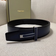 Tom Ford Mens Blue/Black Reversible Leather Belt Blue T Buckle