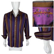 Robert Graham Mens Large Shirt Flip Cuff Striped Embroidered Cotton Casual EUC