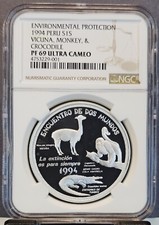1994 PERU SILVER 1 SOL VICUNA MONKEY & CROCODILE NGC PF 69 ULTRA CAMEO TOP POP !