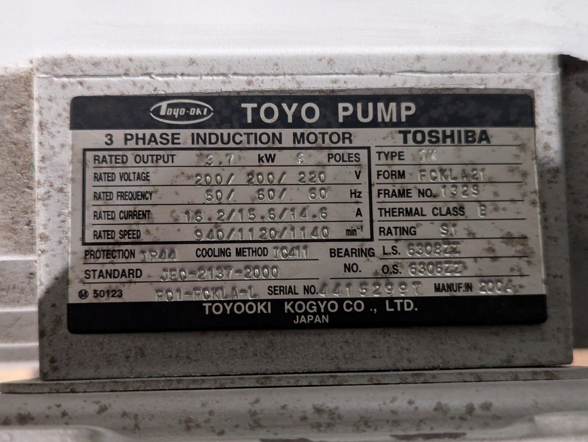Toyo Toshiba IK FCKLA21 132S Induction Motor: 3.7KW 6 Pole 3PH 200