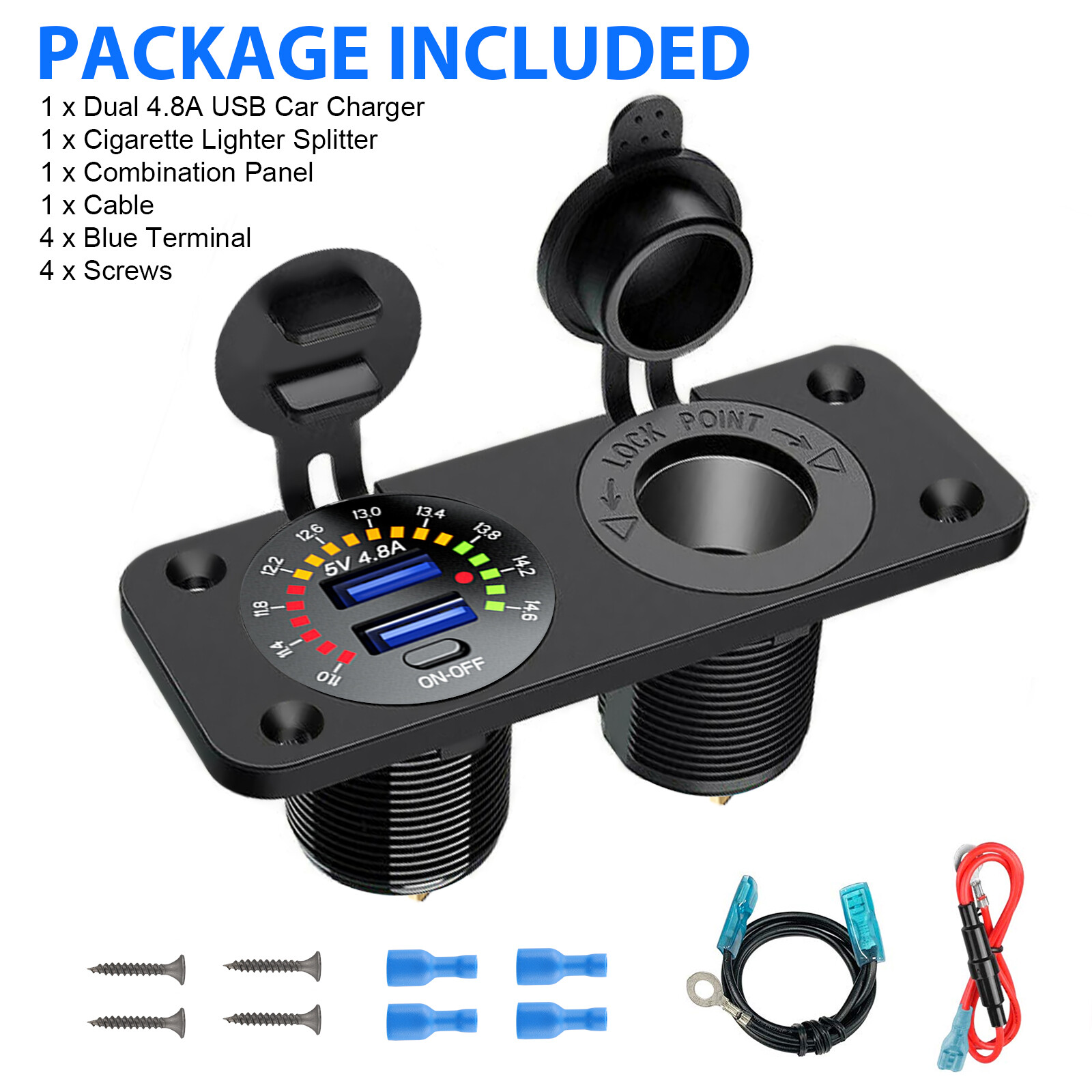 Dual USB Car Fast Charger Outlet, Cigarette Lighter Socket, Power Adapter Outlet
