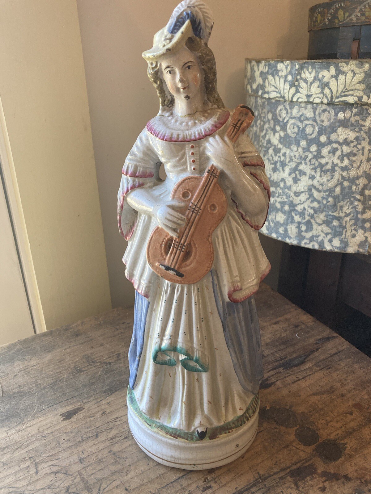 Antique 19th C Victorian Porcelain Staffordshire Lady With String Instrument
