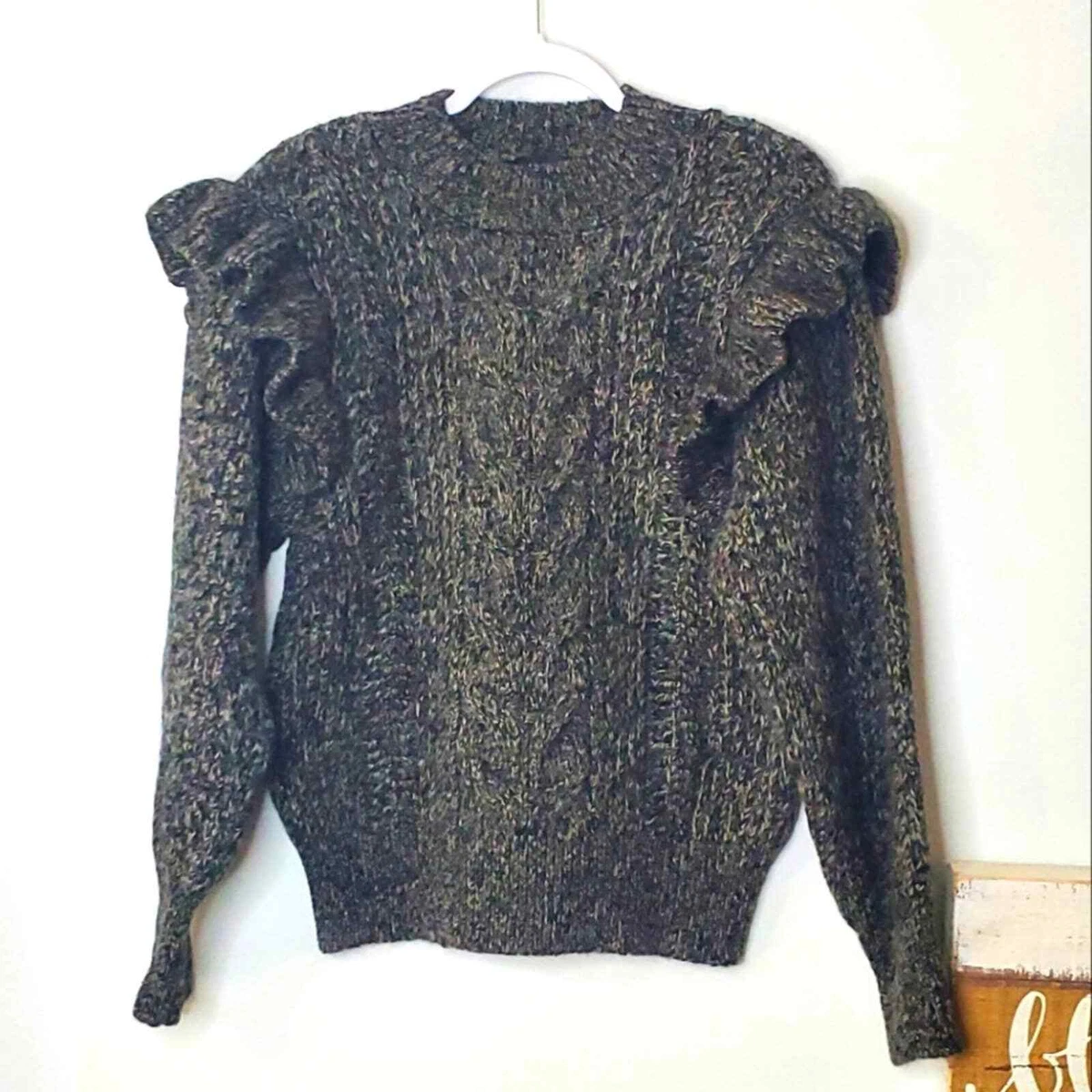 NWT Topshop Frill Sleeve Cable Knit Sweater Ruffle Pullover Charcoal Grey 4-6