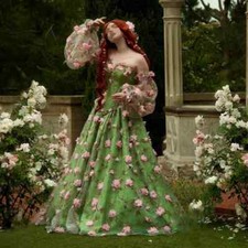 Green Fairy Prom Dress Starpless See-Through Floral Gown Applique Long Sleeves