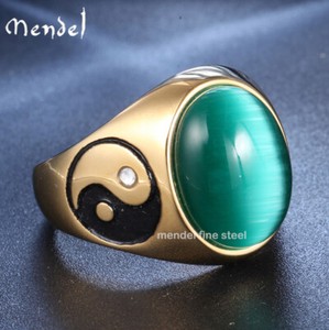 Authentic MENDEL Mens Gold Plated Yin Ying Yang Cat Eye Stone Ring Stainless Steel Sz 7-15