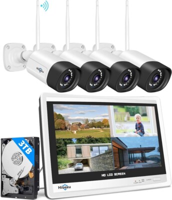 Hiseeu kabelloses Überwachungskamerasystem mit 12'' Monitor 3MP + 3TB Festplatte