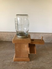 M&M CANDY DISPENSER Hand Made Glass Jar to hold Candy on Wooden Base w Shoot