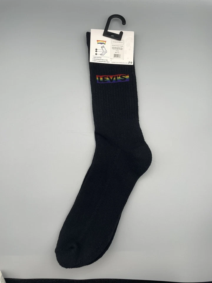 New Levi’s Designer Mens Gay Pride Rainbow Stripped Active Crew Cut Socks Black - Image 3 of 3