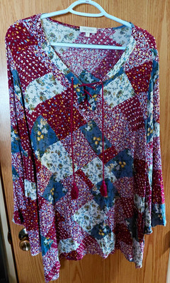 VELZERA Women's L Burgundy Blue White Floral V-Neck Long Sleeve Tie Blouse