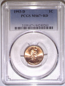 1993-D PCGS MS67+RD Lincoln Memorial One Cent - 1C - Fading Blue Holder