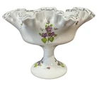 Fenton Violets in the Snow 8 point Ruffled Silver Crest Milk Glass Compot 6” Tal