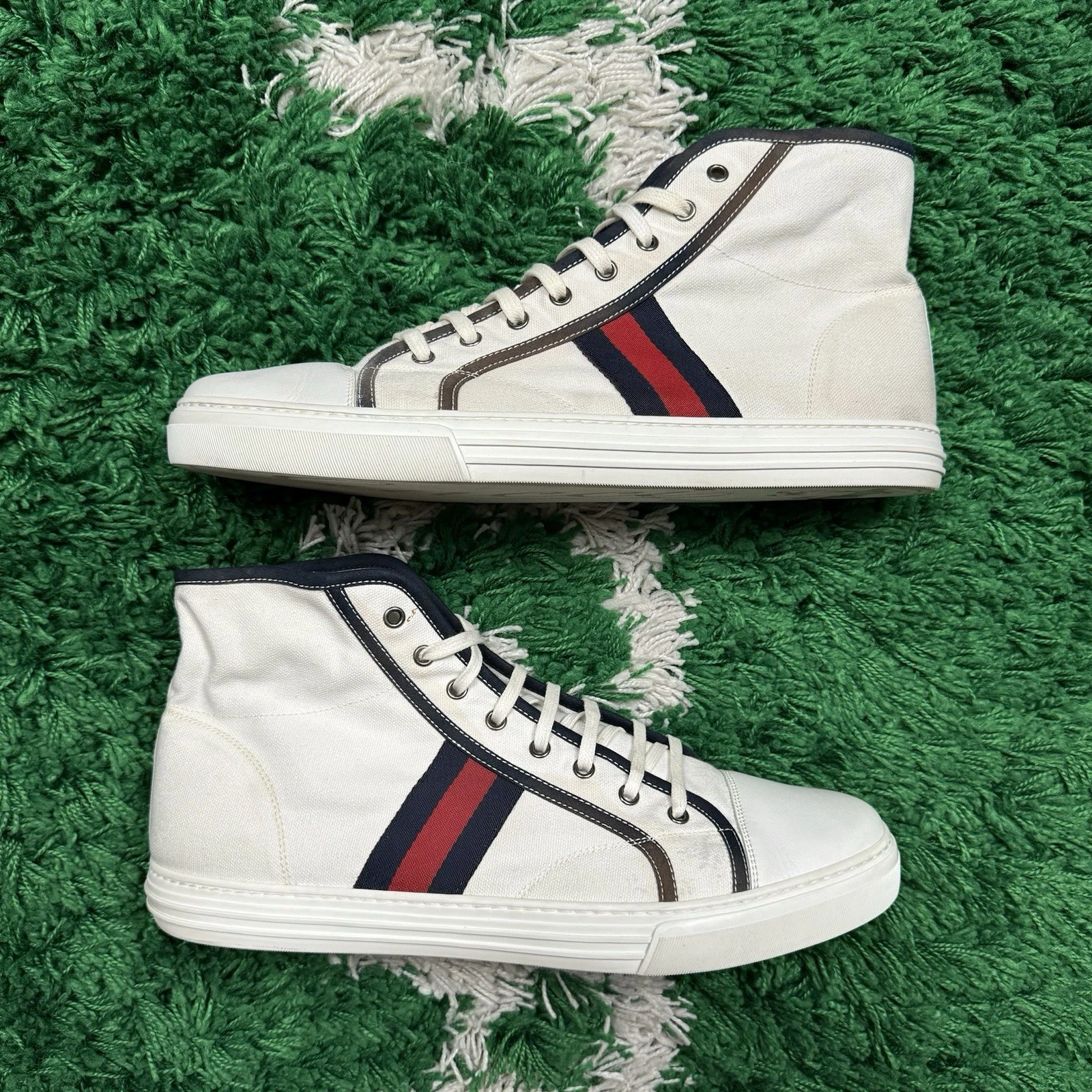 Taille 13G / 13,5M   Baskets montantes Gucci en cuir blanc à lacets Web   Super propres
