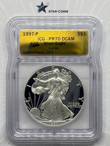 1997 P Proof Silver Eagle ICG PR70 DCAM Austin Hutto Signed Gold Label 1 of 99