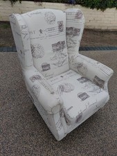 Schreiber Easy Chair With Postcard Print.silver/grey In Colour With Turned Legs.