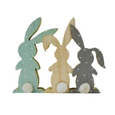 Easter Wooden Plaque 3 Bunnies with Pom Tails Art Deco Decoration Green