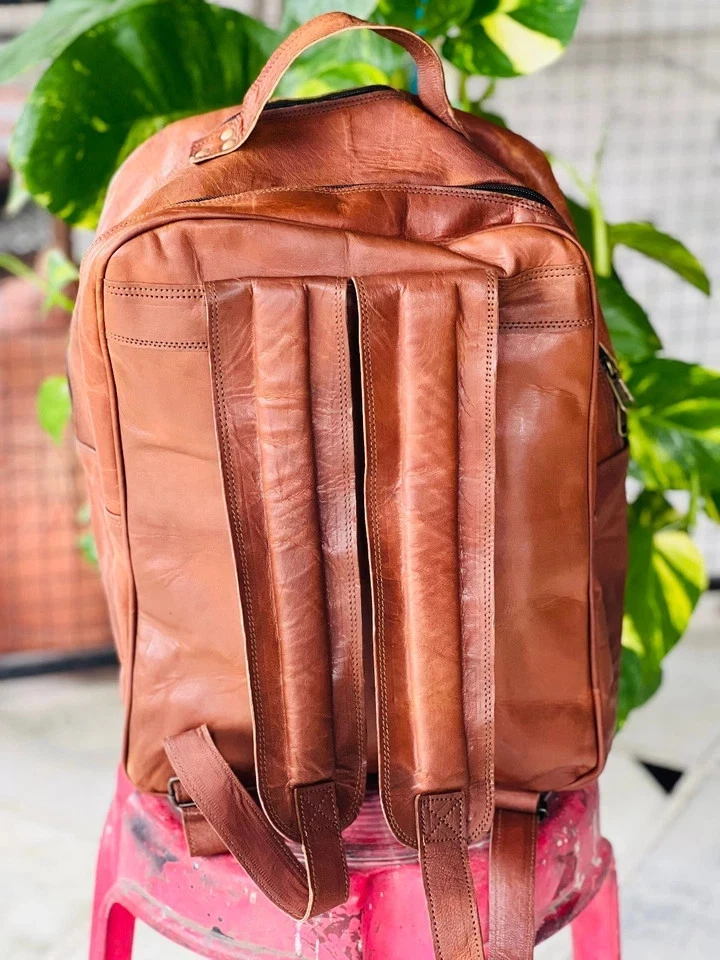 Genuine Goat Leather Vintage Laptop Bag Men's Large Gym Backpack Travel Rucksack - Image 4 of 4