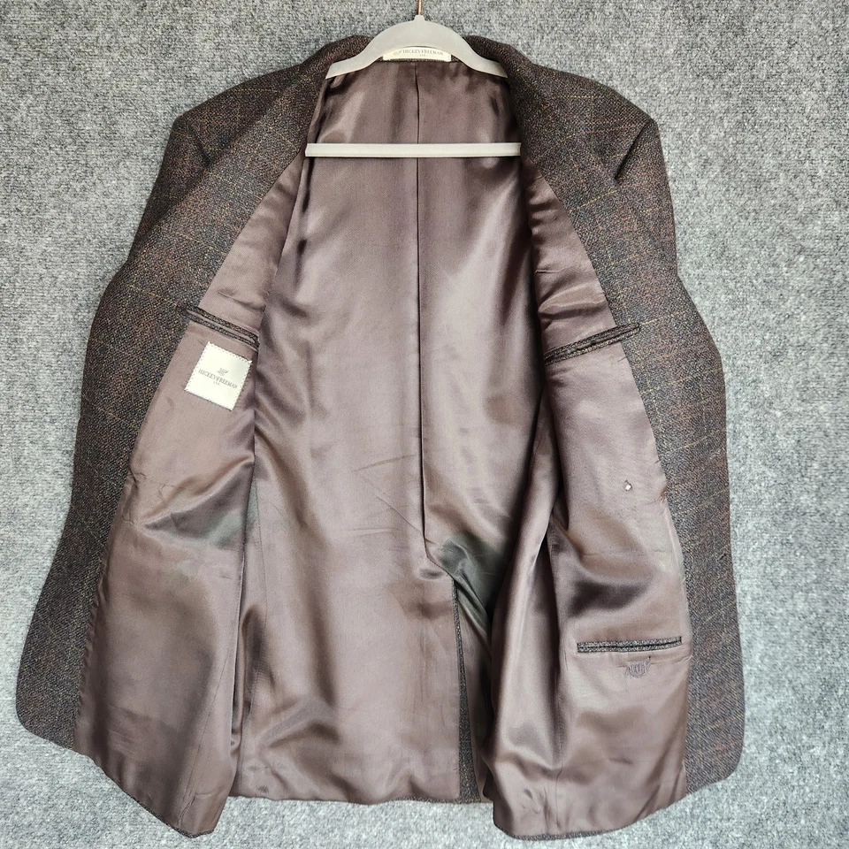 Abrigo deportivo de tweed Hickey Freeman para hombre marrón ventana lana de cordero 42R Foto 2 de 4