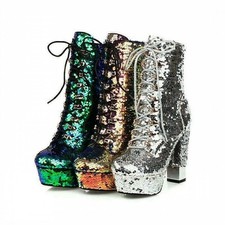 Women's Glitter Sequins Riding Ankle Boots Zip High Block Heels Party Club Shoes