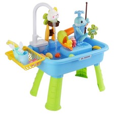 Kitchen Sink Toy w/ Electric Faucet Water Table Fishing Game Sink Set