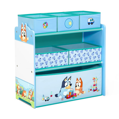 6 Bin Toy Storage Organizer, Plastic and Wood, Blue, 26.57H inches