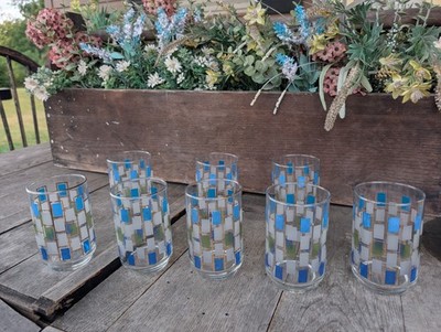 Vintage Libbey Nordic Blue and Green Geometric Shapes Drinking Glasses (8)