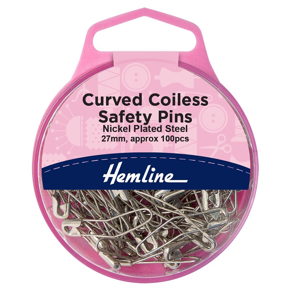 Hemline: Safety Pins: Curved: Coiless: Nickel: 27mm: 100 Pieces
